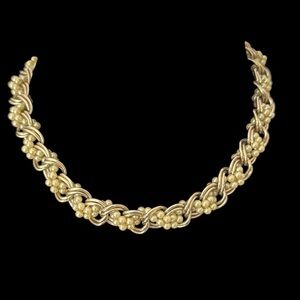 Vintage REINAD Choker Necklace Wide Double Chain Gold-tone With Faux Pearls 16”